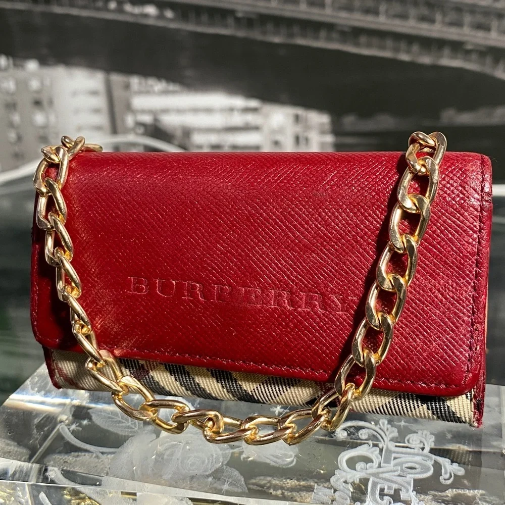 Authentic Rare Burberry Red Leather Nova Check Key Case
